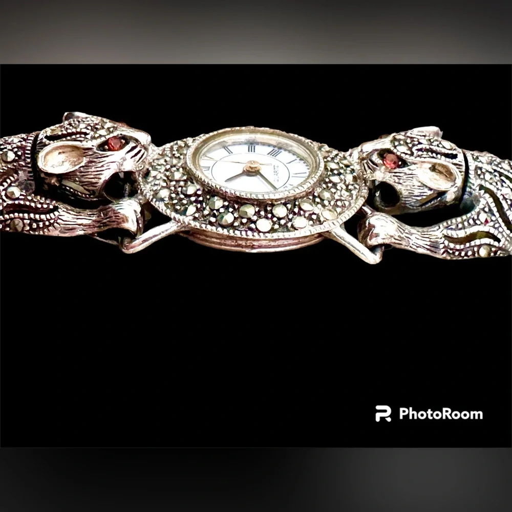 Sterling silver marcasite topaz eyes bendable leopard panther unique tiger watch - Picture 3 of 8